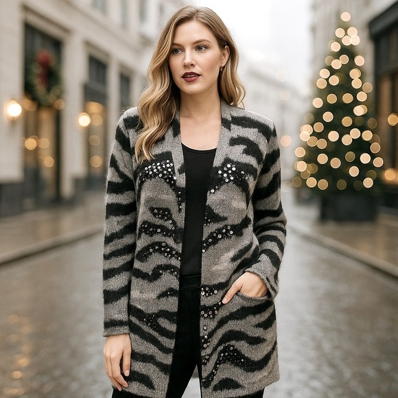Chico’s Sequin Zebra Print Open Front Long Cardigan Sweater Size 1 (M/L) - Picture 1 of 14